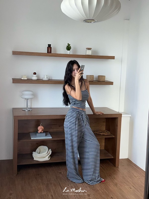 側抽繩橫條紋BRA背心+寬褲SET